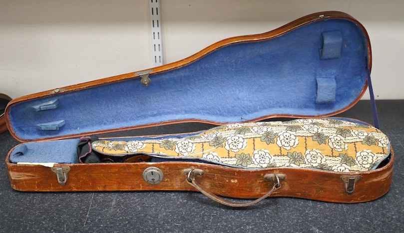 A cased violin, possibly German, body 35.5cm, in a good wooden case with canvas outer cover. Condition - fair